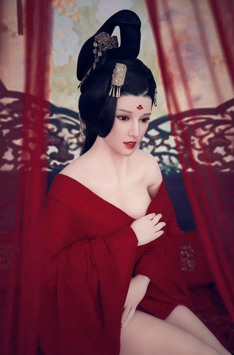Amara cloud bun updo dark crimson gown red drape backdrop imperial reclining pose Chinese ghost beauty allure, bust shot, side view – Asian fantasy companion sex doll by TopLoveDoll