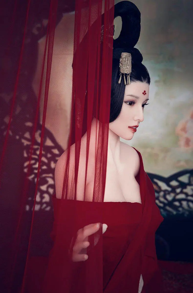 Amara cloud bun updo dark crimson gown red drape backdrop imperial reclining pose Chinese ghost beauty allure, side view – Asian fantasy companion sex doll by TopLoveDoll