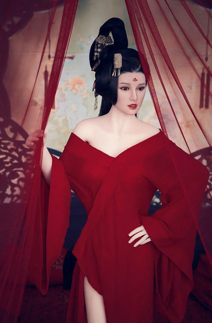 Amara cloud bun updo dark crimson gown red drape backdrop imperial reclining pose Chinese ghost beauty allure, bust shot– Asian fantasy companion sex doll by TopLoveDoll