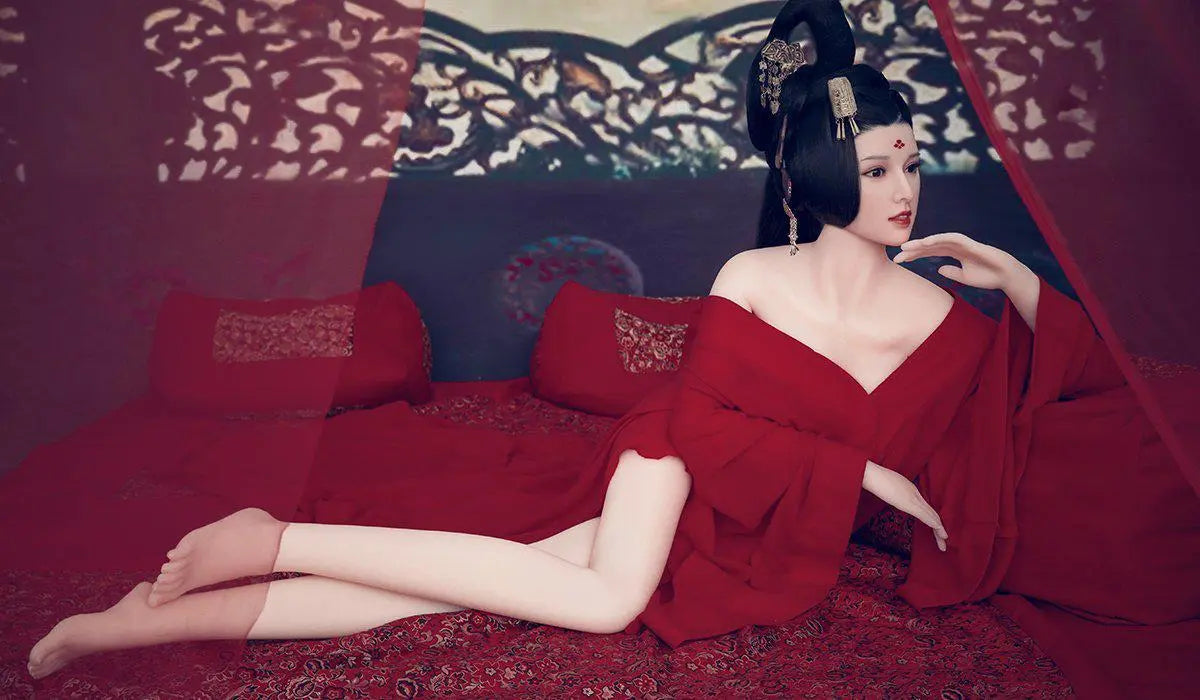 Amara cloud bun updo dark crimson gown red drape backdrop imperial reclining pose Chinese ghost beauty allure, lying on bed, horizontal profile – Asian fantasy companion sex doll by TopLoveDoll