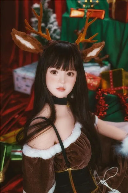 Amaris long black straight hair blunt bangs antler headband brown velvet top, Asian school goddess face Christmas red green background, cute asian girlfriend – deer girl cosplay sex doll by TopLoveDoll