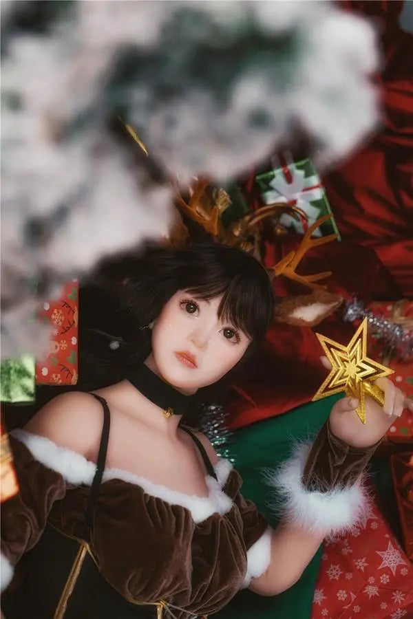 Amaris long black straight hair blunt bangs antler headband brown velvet top, Asian school goddess face Christmas red green background, cute asian girlfriend, lying among the gifts pile under Christmas tree, bust shot – deer girl cosplay sex doll by TopLoveDoll