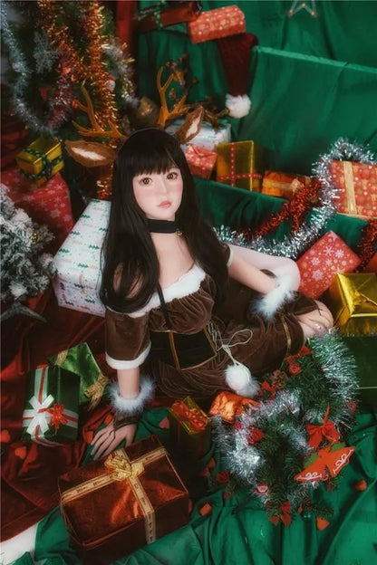 Amaris long black straight hair blunt bangs antler headband brown velvet top, Asian school goddess face Christmas red green background, cute asian girlfriend, sitting among the gifts pile under Christmas tree, looking into the camera – deer girl cosplay sex doll by TopLoveDoll