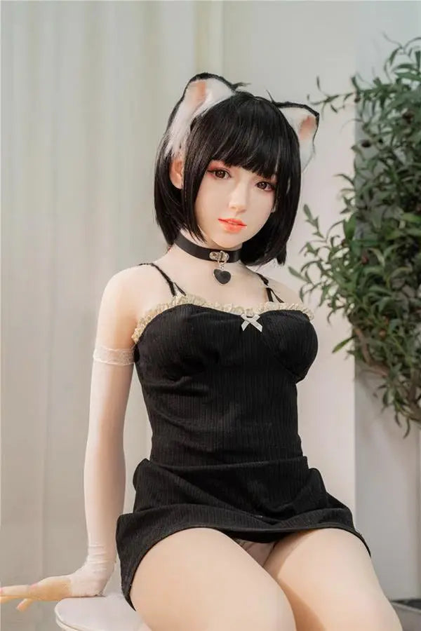 Amelie short black hair cat ears tail collar black bodysuit soft round face Asian catgirl full cosplay set, asian waifu catgirl cosplay, fun night for you, sitting – anime companion sex doll by TopLoveDoll