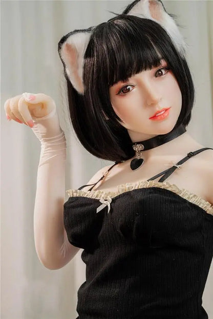 Amelie short black hair cat ears tail collar black bodysuit soft round face Asian catgirl full cosplay set, asian waifu catgirl cosplay, fun night for you, doing the pur gesture – anime companion sex doll by TopLoveDoll