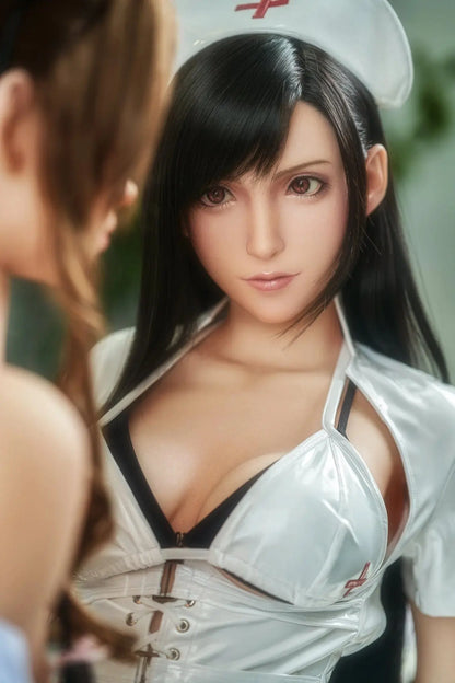 Amethyst long black hair white fitted nurse uniform black thigh-high stockings white gloves Tifa-inspired figure, chatting scenario– nurse roleplay cosplay sex doll by TopLoveDoll
