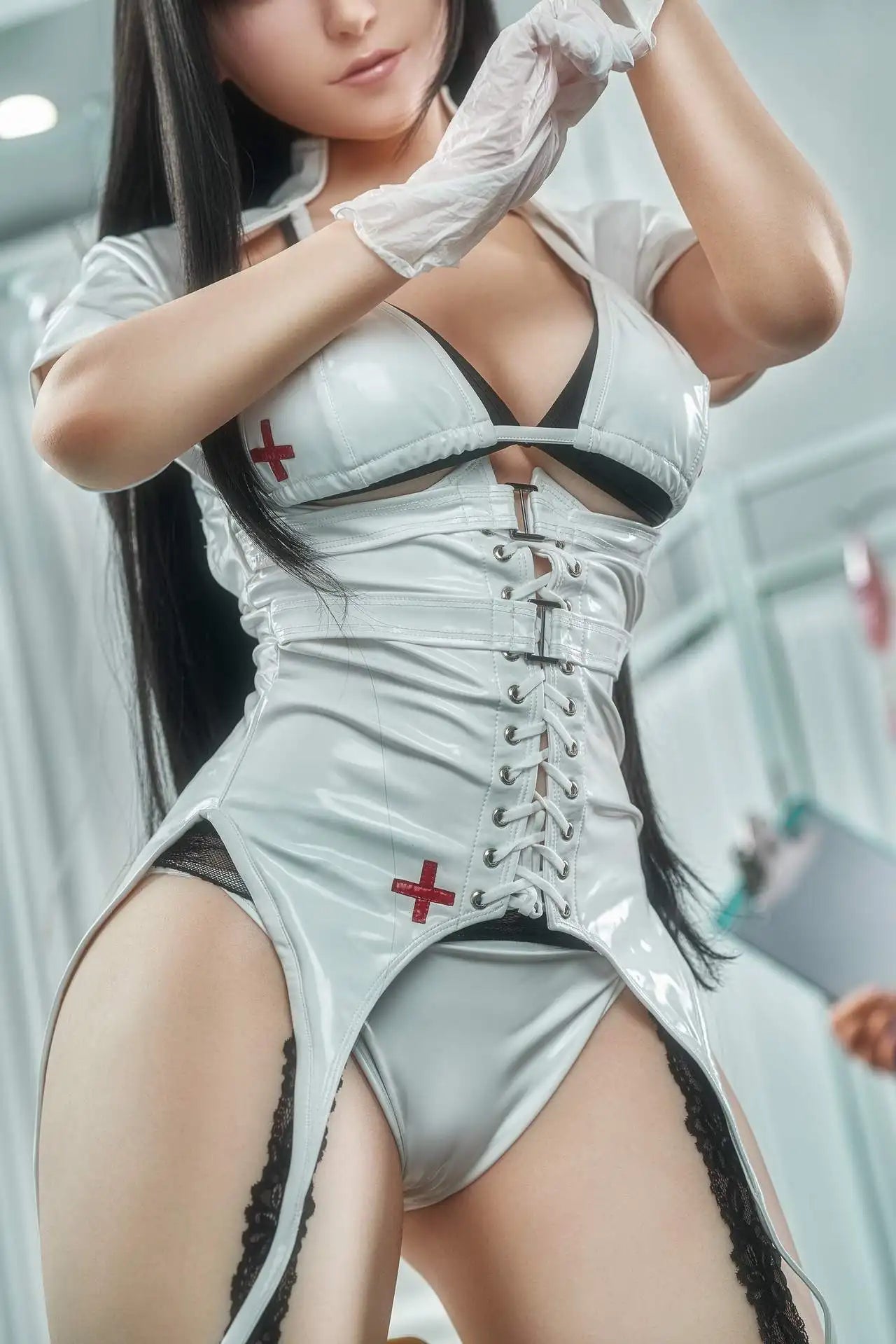 Amethyst long black hair white fitted nurse uniform black thigh-high stockings white gloves Tifa-inspired figure, waist close up– nurse roleplay cosplay sex doll by TopLoveDoll