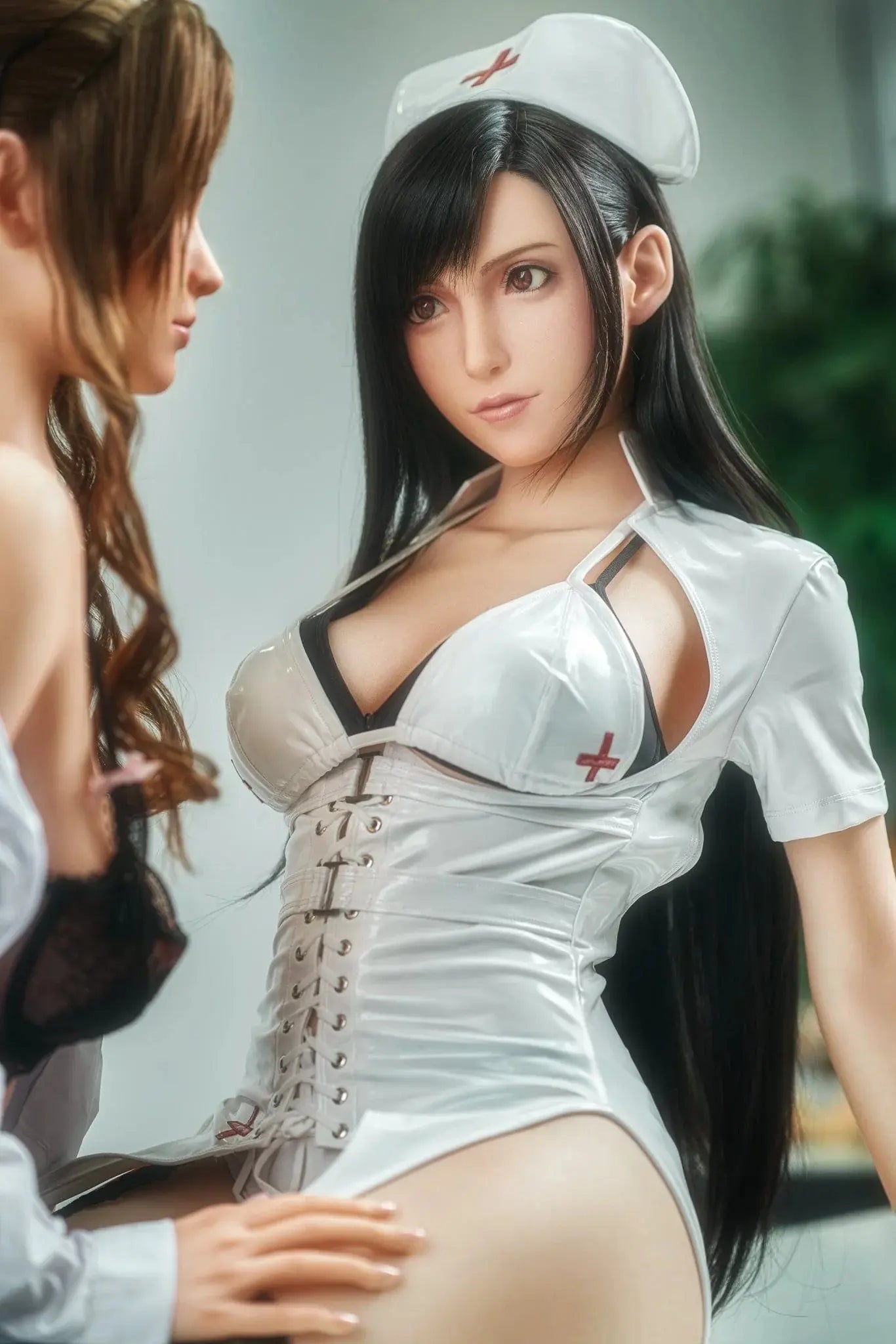 Amethyst long black hair white fitted nurse uniform black thigh-high stockings white gloves Tifa-inspired figure, another tifa doctor in black lace lingerie and white doc coat in the scene, Doc Tifa is checking on Nurse Tifa– nurse roleplay cosplay sex doll by TopLoveDoll