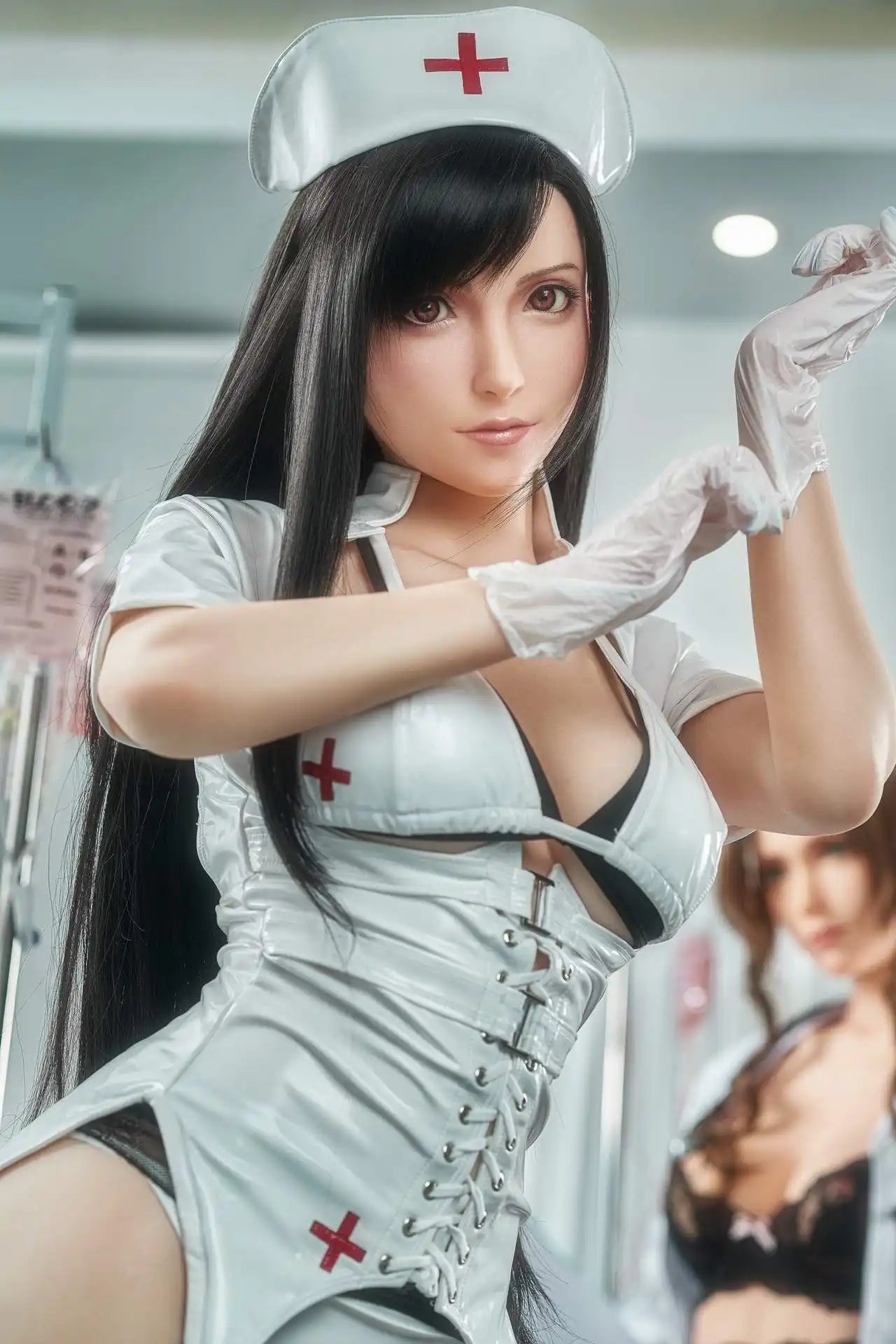 Amethyst long black hair white fitted nurse uniform black thigh-high stockings white gloves Tifa-inspired figure, putting on her gloves, close up – nurse roleplay cosplay sex doll by TopLoveDoll
