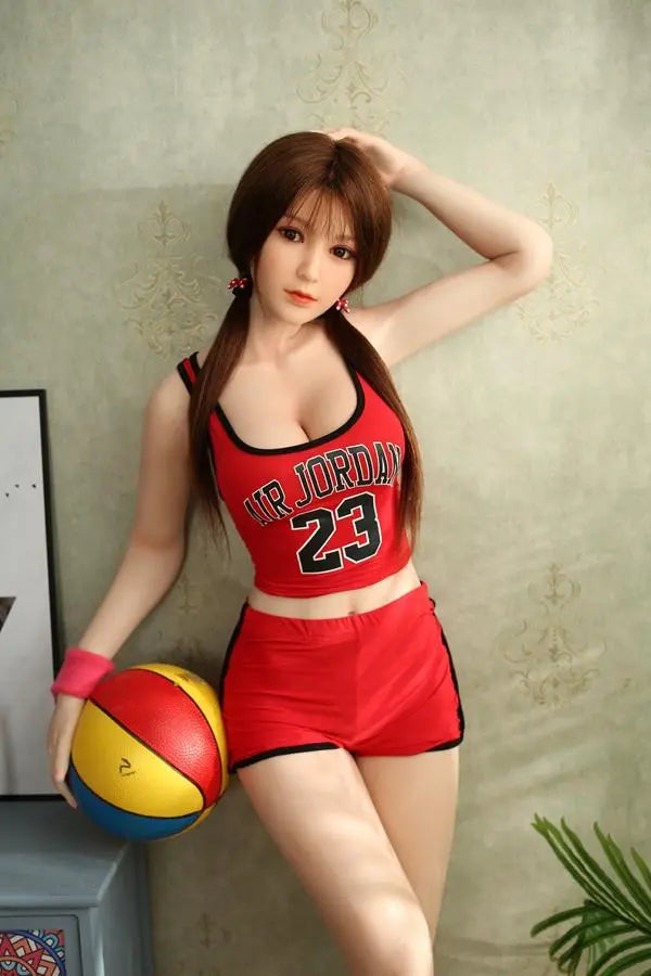 Annette dark brown twin low pigtails air fringe bangs red Air Jordan 23 jersey white sports socks curvy college girlfriend pose, standing, showing deep cleavage, a basketball at her side – athletic Asian sex doll by TopLoveDoll
