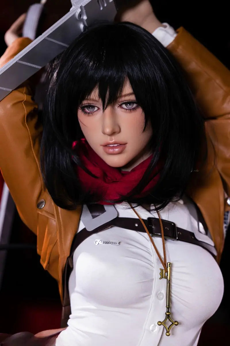 Arlette Attack on Titan Mikasa Ackerman cosplay sex doll, lift her blades, ready to fight, close up- Survey Corps uniform warrior for love by TopLoveDoll