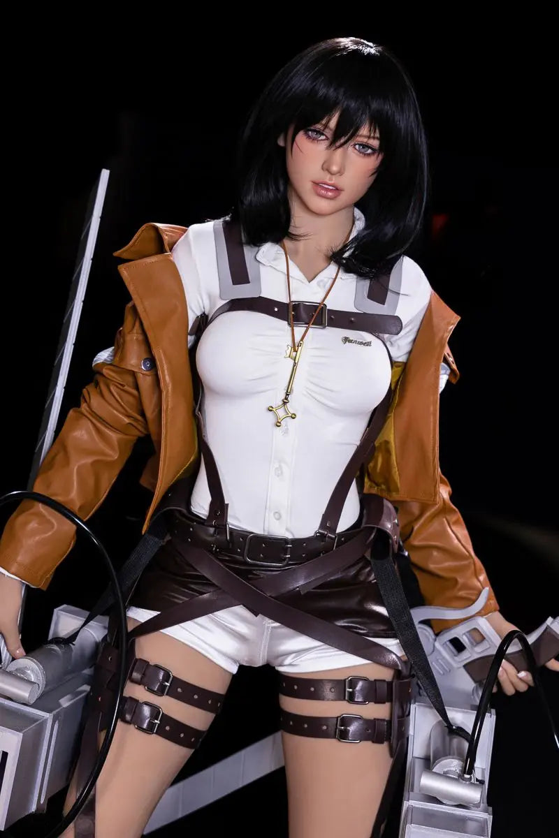 Arlette Attack on Titan Mikasa Ackerman cosplay sex doll, standing on a black background with her weapons at hand, ready to fight- Survey Corps uniform warrior for love by TopLoveDoll