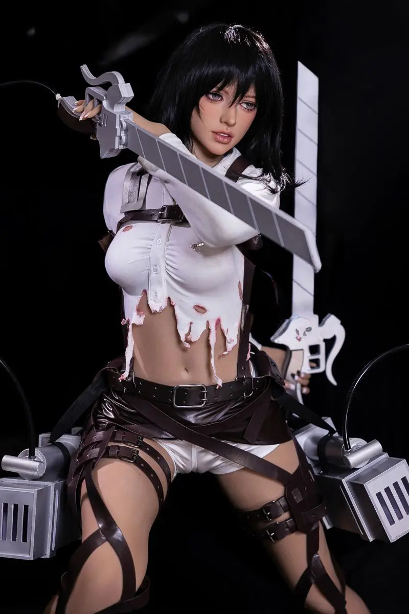 Arlette Attack on Titan Mikasa Ackerman cosplay sex doll, standing at a defense posture, lift one of her blades, ready to fight- Survey Corps uniform warrior for love by TopLoveDoll