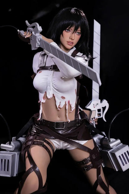 Arlette Attack on Titan Mikasa Ackerman cosplay sex doll, standing at a defense posture, lift one of her blades, ready to fight- Survey Corps uniform warrior for love by TopLoveDoll