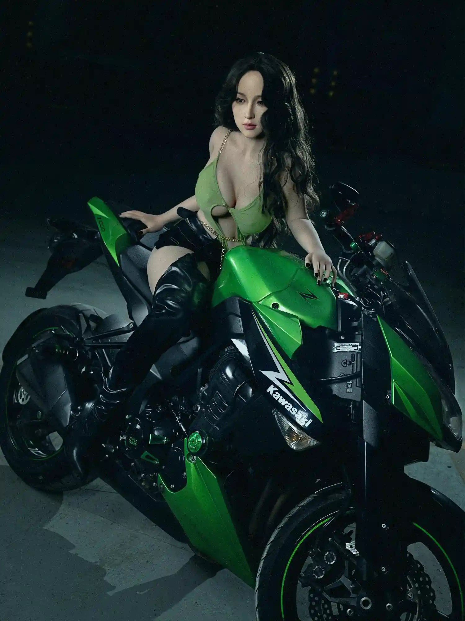 Armani biker girl Korean beauty sex doll, lean forward on the muscle bike, demos her great curves - green cutout top thigh-high leather boots soft face tough energy by TopLoveDoll