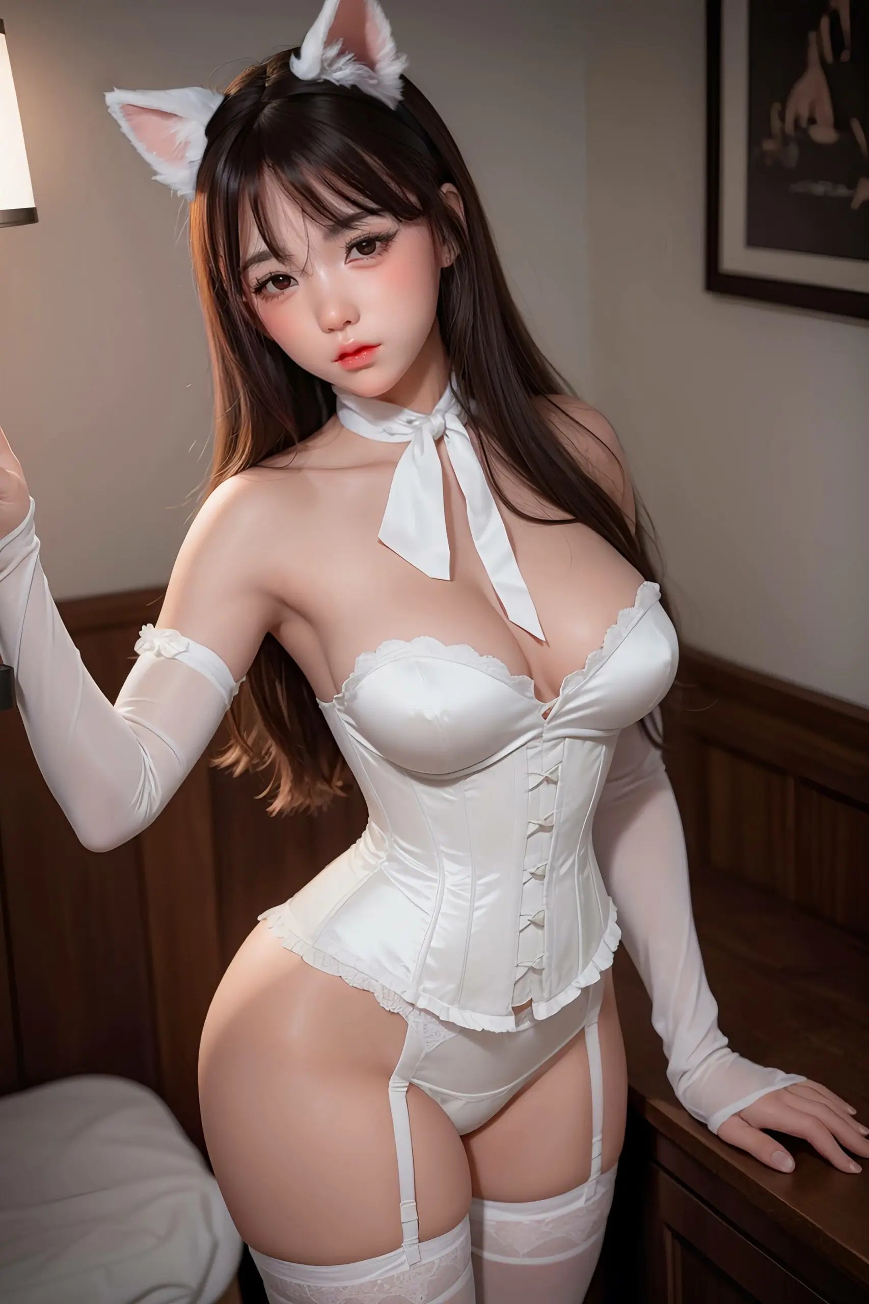Astra bunny girl busty Asian baby face sex doll, standing in vintage style room, showing her perfect curves and deep cleavage, doe-eye stare at the camera- white silk corset hourglass fantasy by TopLoveDoll 