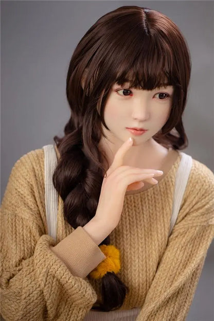 Astrid Asian bangs college sweetheart sex doll, finger touching her chin like she's in deep-thinking- first love high school girl next door by TopLoveDoll