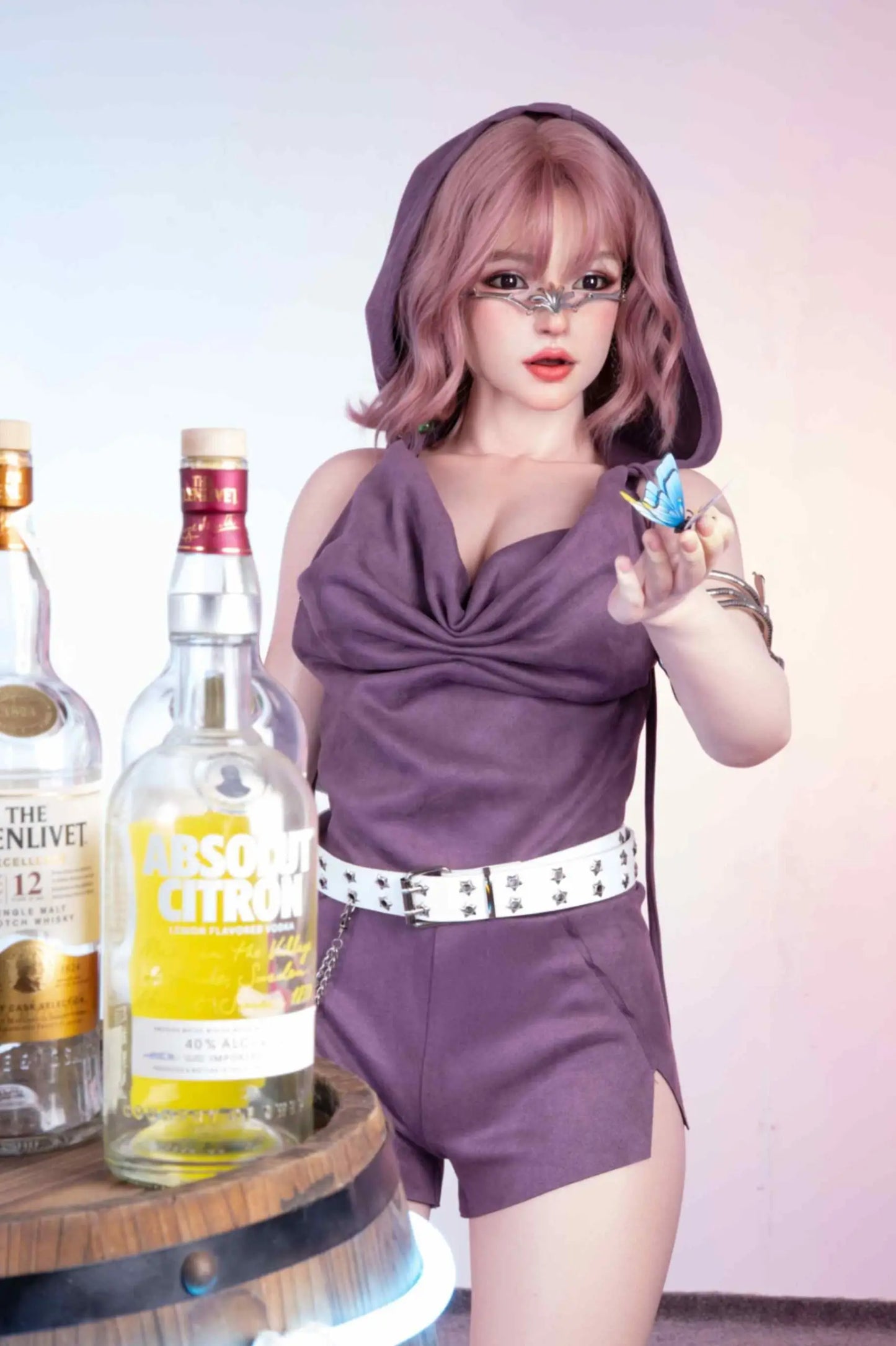 Aurora sexy Jedi cosplay roleplay sex doll, playing with your lightsaber collections at the home bar, in a purple hoodie, with a butterfly on her palm- Star Wars fantasy companion by TopLoveDoll