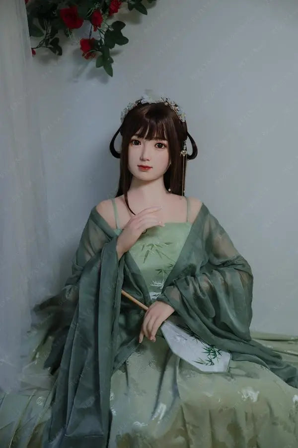 Autumn hanfu Asian girl next door sex doll, in green hanfu attire, ancient chinese hairstyle, sitting at the corner, traditional Chinese dress jade green beauty by TopLoveDoll