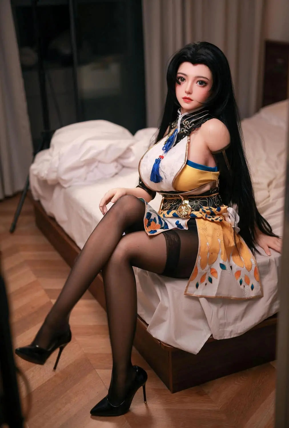 Full body view of Koharu Naraka Bladepoint cosplay anime BJD sex doll - Tsuchimikado warrior companion with gold embroidered armor