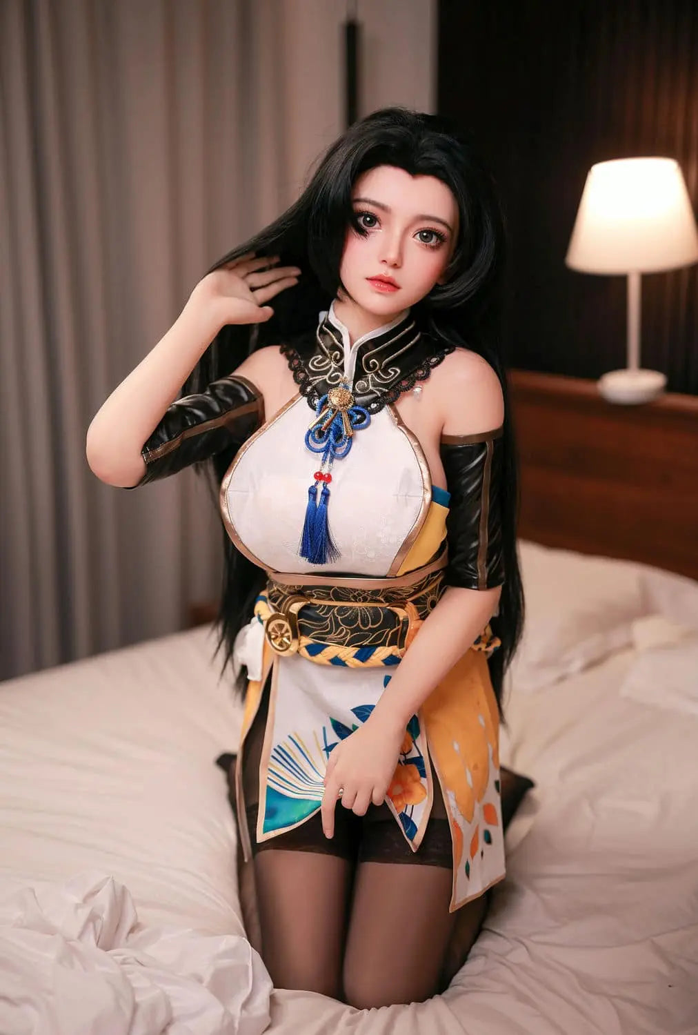 Tsuchimikado Koharu Naraka Bladepoint BJD sex doll in kneeling pose - warrior companion with yellow armor and blue tassel accessories