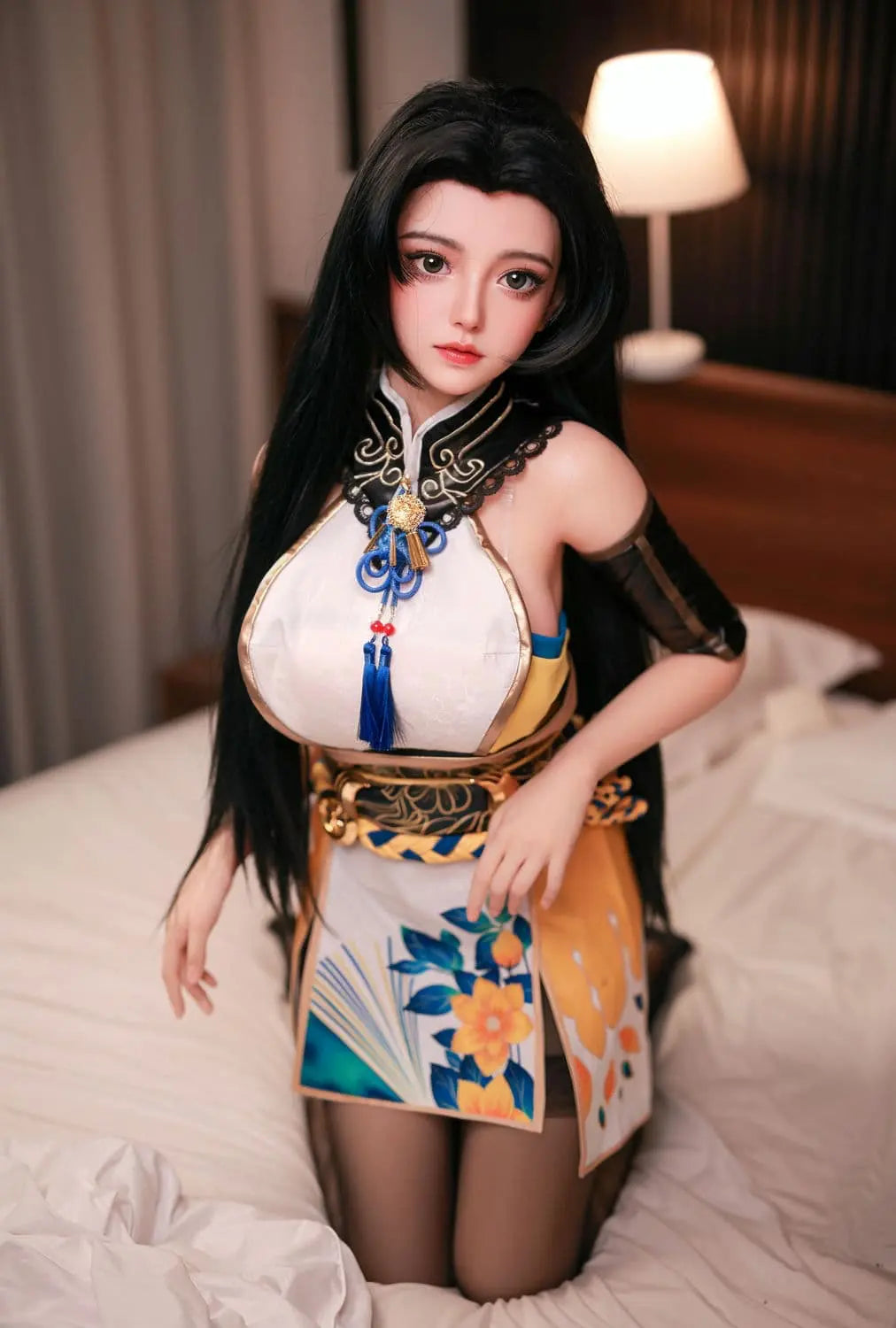 Tsuchimikado Koharu Naraka Bladepoint BJD sex doll in kneeling pose - charming warrior companion in long-black see thru stockings