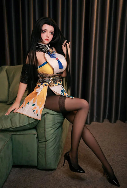 Tsuchimikado Koharu Naraka Bladepoint BJD sex doll sitting on a sofa   playing with her own beautiful hair- Visit toplovedoll.com to see more of it.