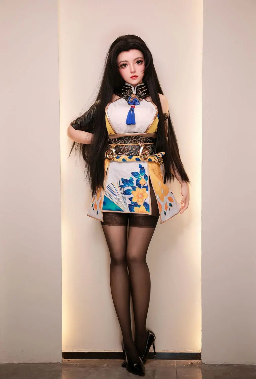 Tsuchimikado Koharu Naraka Bladepoint BJD sex doll staning in front of a white wall, wearing a long black see-thru stockings and black heels- Visit toplovedoll.com to see more of it.