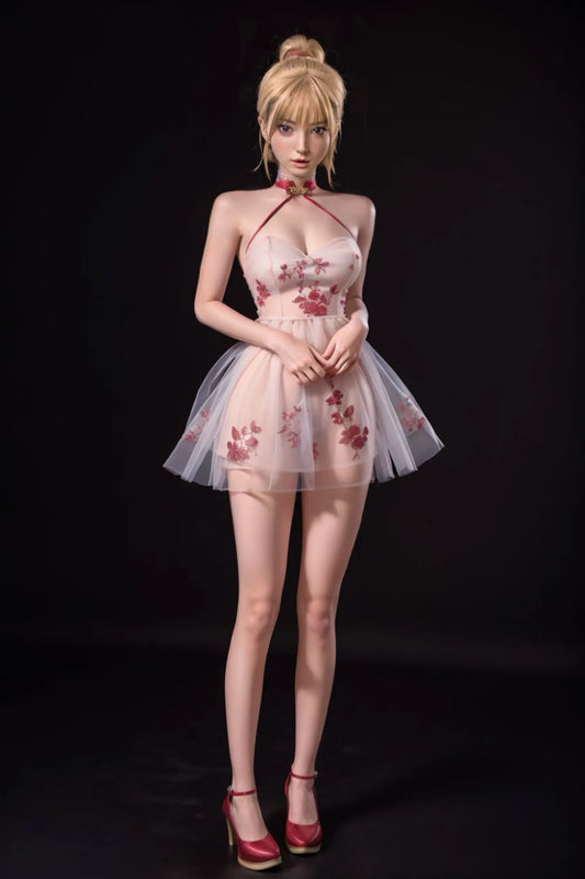 Alaska sex doll cool composed direct stare, warm brown eyes, platinum blonde hair in high bun with soft fringe, blush pink sheer floral embroidered halter cheongsam mini dress with tulle skirt overlay and red trim neckline, full round bare breasts with natural nipple detail visible through sheer bodice, long bare sculpted legs fully visible through sheer tulle skirt, both hands clasped at waist, red ankle-strap platform heels, dark black studio background – full-body front shot – lifelike petite anime Asian