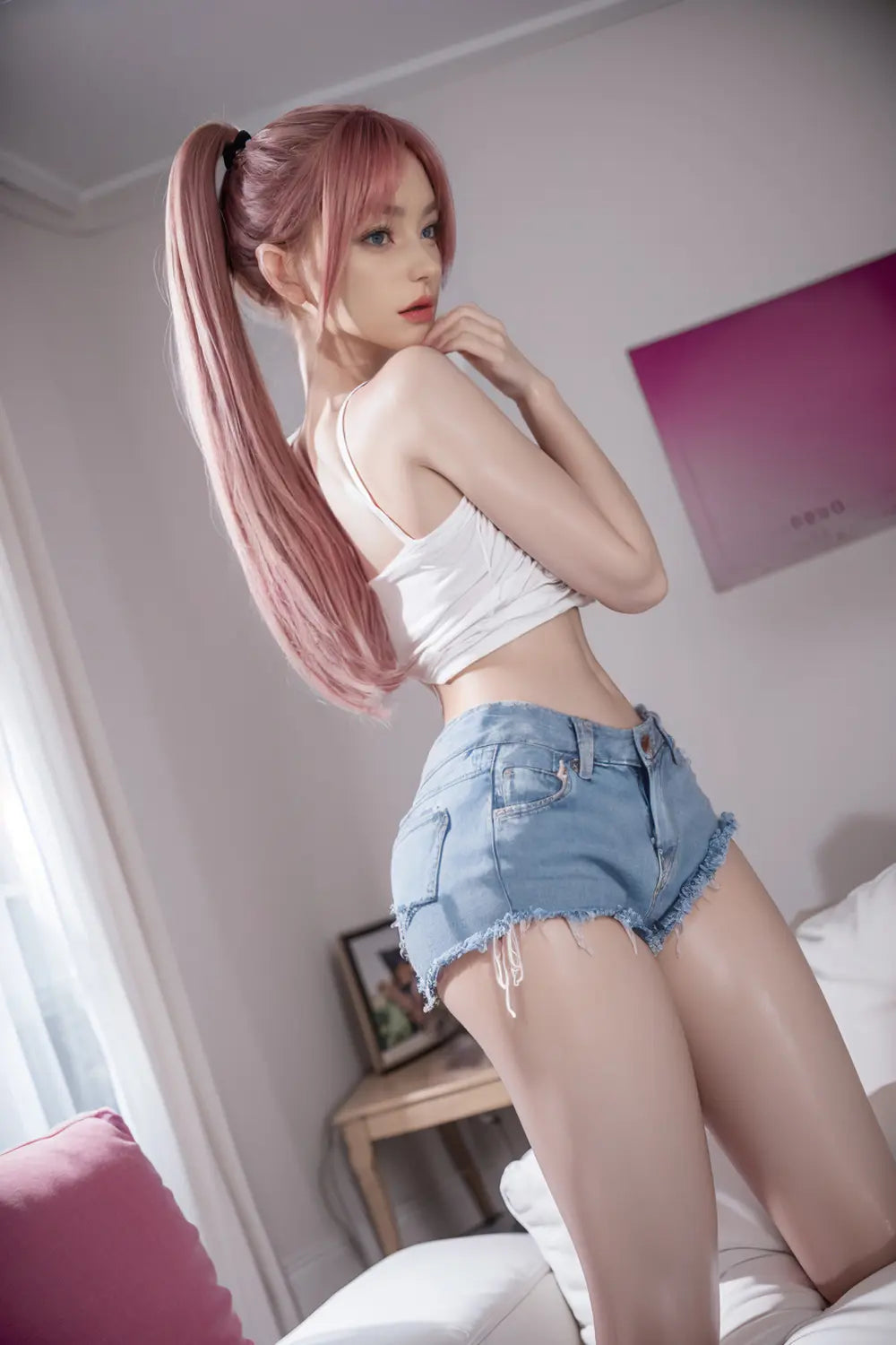 TopLoveDoll | Miko, poupée sexuelle BJD asiatique aux cheveux roses, sportive et voluptueuse, style anime.