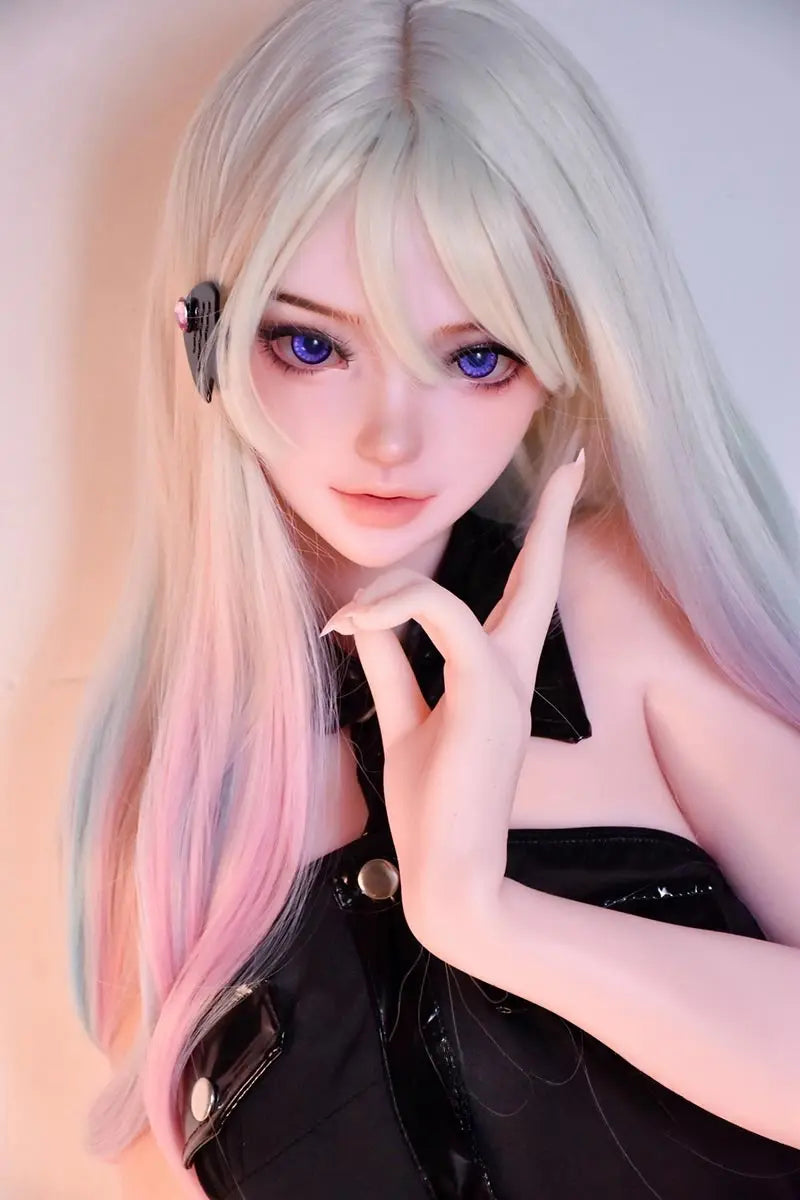 Miko Ultimate Waifu sex doll close-up portrait blue purple eyes long white pink gradient straight hair red blush black leather halter vest black metal buckle leather mini skirt warm pink purple studio background – portrait shot – realistic anime BJD ultimate waifu sex doll by TopLoveDoll