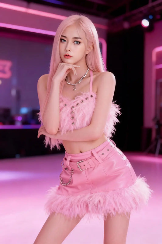 Sway Chelsea Kpop sex doll full body standing on neon pink stage in feathered pink mini skirt and body chain, platinum pink hair, lifelike busty Asian love doll by TopLoveDoll