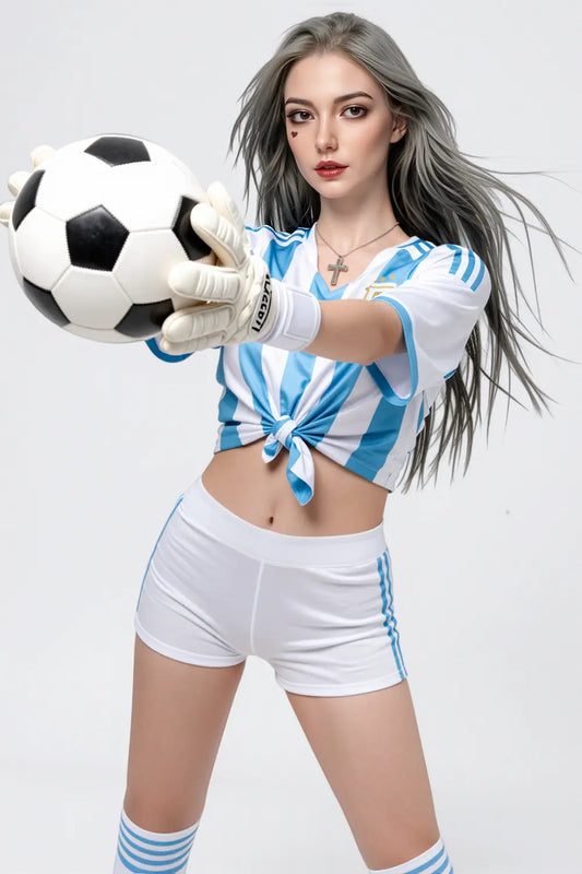 World Cup Nuna nuna sex doll full body standing holding soccer ball in tied Argentina jersey, white shorts, blue-striped socks, long blonde waves, lifelike GND love doll by TopLoveDoll