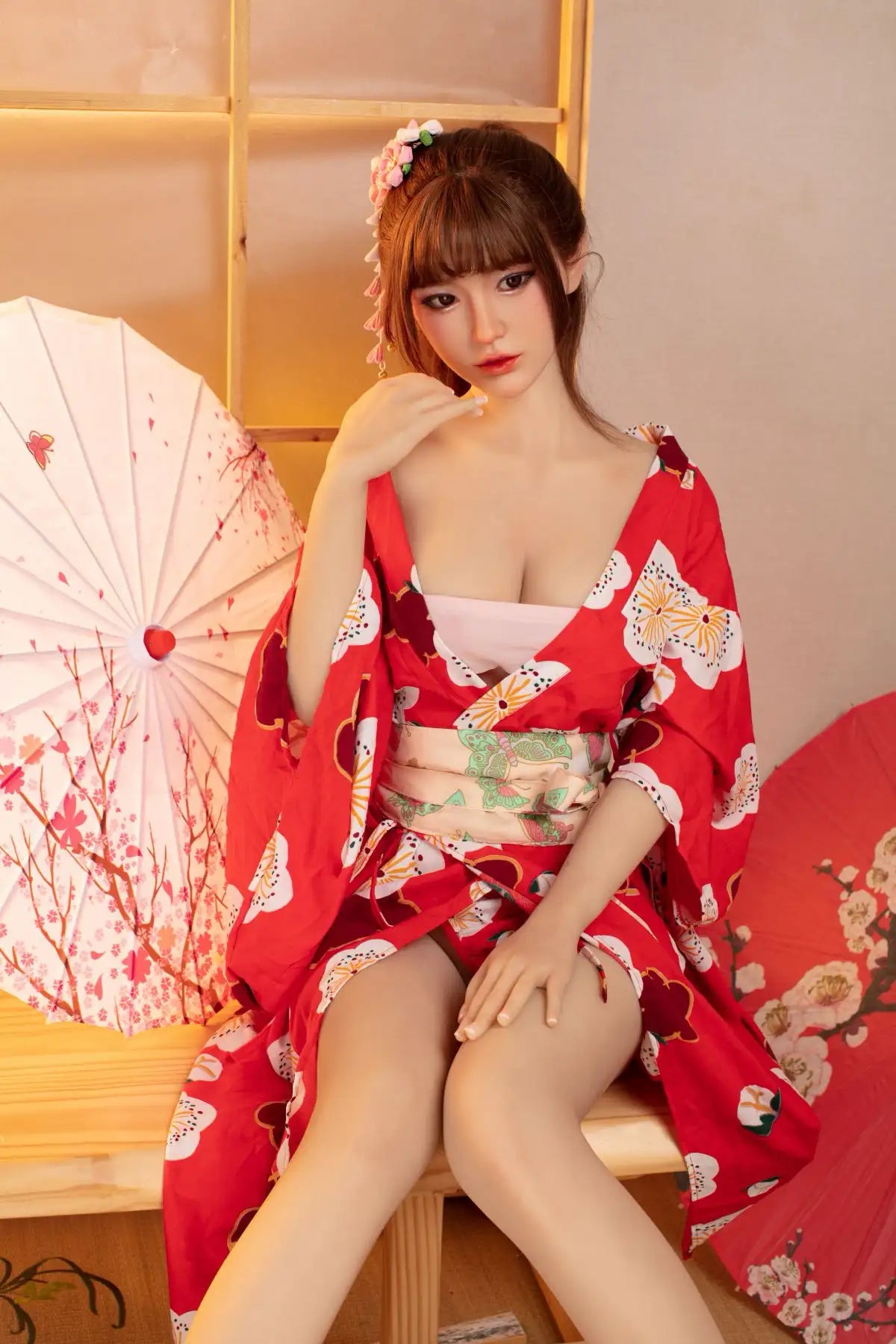 Raina sweet Asian face red floral kimono yukata parted open full figure tatami setting red oil-paper umbrella cherry blossom print, sitting next an Asian style umbrella – Japanese geisha cosplay sex doll by TopLoveDoll