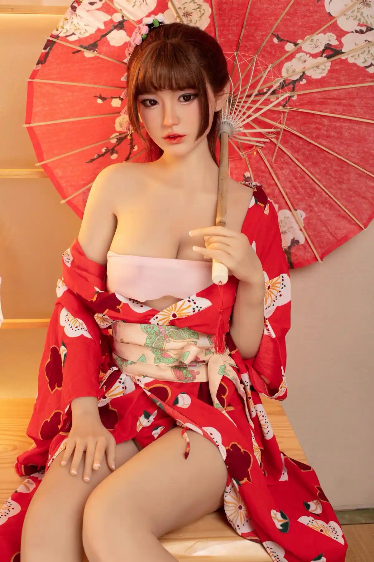 Raina sweet Asian face red floral kimono yukata parted open full figure tatami setting red oil-paper umbrella cherry blossom print, holding a red peach blosom umbrella– Japanese geisha cosplay sex doll by TopLoveDoll