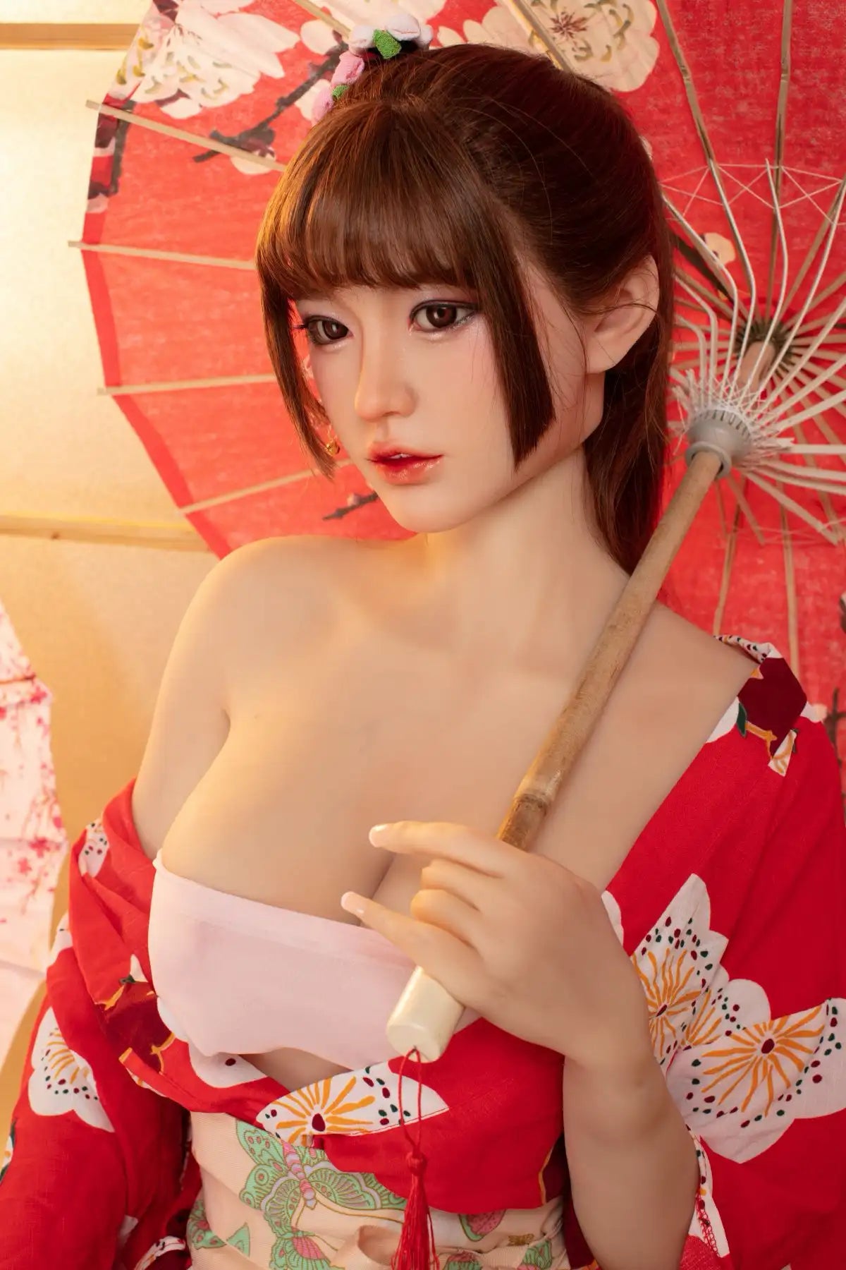 Raina sweet Asian face red floral kimono yukata parted open full figure tatami setting red oil-paper umbrella cherry blossom print, holding a red peach blosom umbrella, close up– Japanese geisha cosplay sex doll by TopLoveDoll