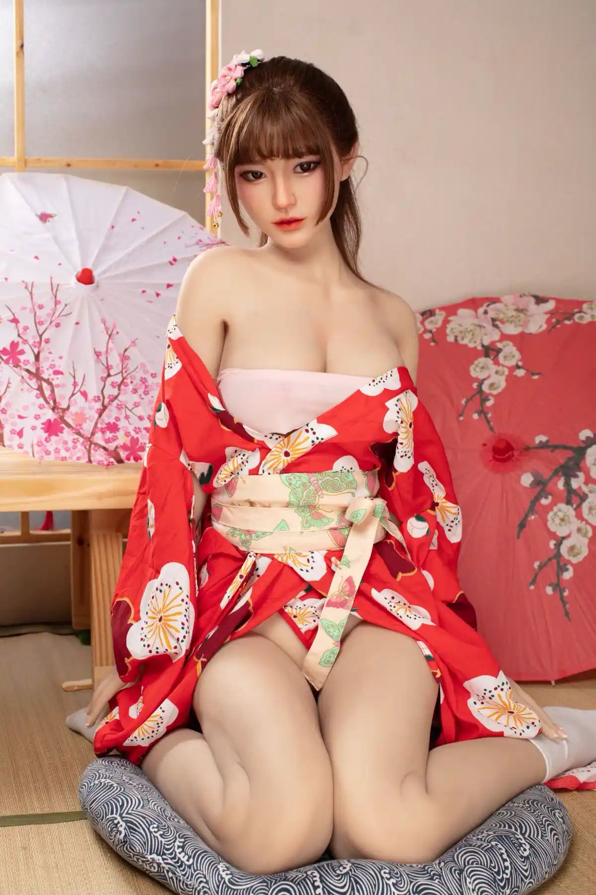 Raina sweet Asian face red floral kimono yukata parted open full figure tatami setting red oil-paper umbrella cherry blossom print, w-shape sitting, in front of a red peach blossom umbrella, in a Japanese tea room, undressing herself, revealing her shoulders and beautiful curves– Japanese geisha cosplay sex doll by TopLoveDoll