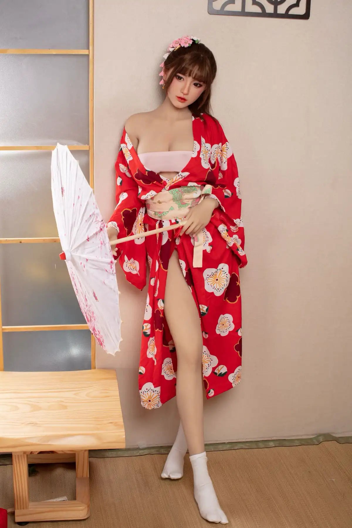 Raina sweet Asian face red floral kimono yukata parted open full figure tatami setting red oil-paper umbrella cherry blossom print, standing, holiding an Asian style umbrella – Japanese geisha cosplay sex doll by TopLoveDoll