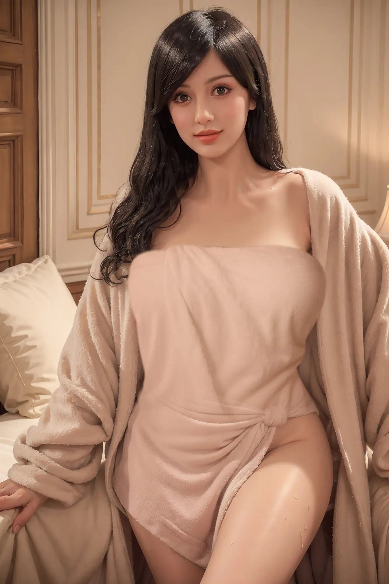 Woman in a beige dress and cardigan sitting on a couch in a warm-toned room.