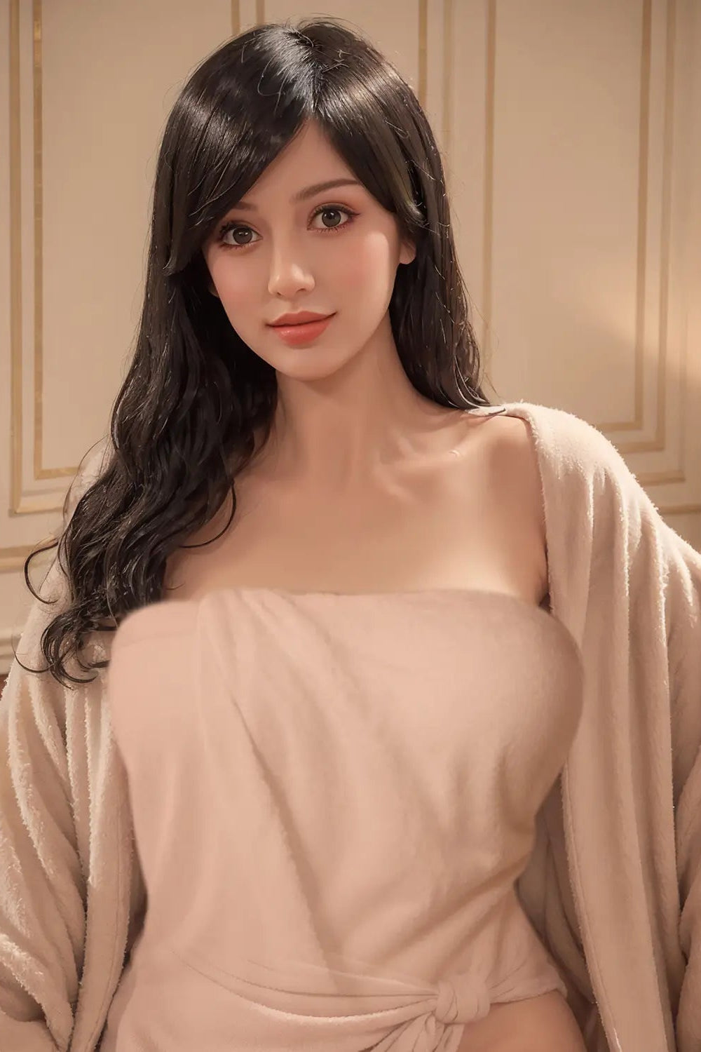 Woman in a beige dress sitting on a couch in a cozy room.