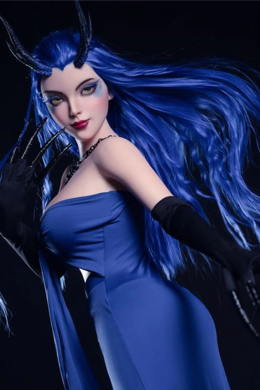 Octavia sex doll intense direct stare, vivid green-grey eyes with heavy dark liner and dramatic eye shadow, long deep blue windswept wavy hair with black curved demon horns dramatically billowing, full dark red lips, black cord choker necklace, royal blue off-shoulder structured midi dress with deep front slit, black sheer long gloves with sharp claw-tip fingers raised to chin, pure black studio background with dramatic cinematic front lighting – full-body shot – Aorun dragon princess anime love doll